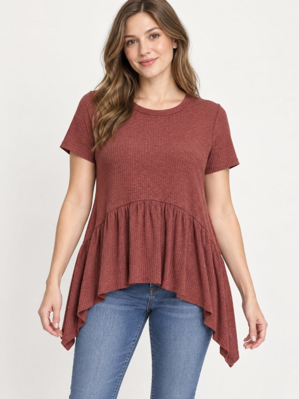 Good Luck Gem Marsala Ribbed Peplum Top Size L NWT